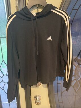 adidas Cropped Black Pullover Hoodie with White Logo